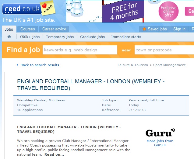 Reed.co.uk England Football manager job ad