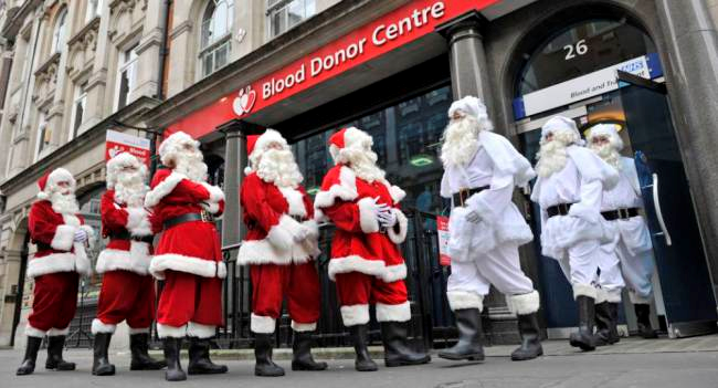 Blood count: Santas from across Britain line up to give blood at the West End donor centre just off Oxford Street in London (Picture: Adrian Brooks/Imagewise)
