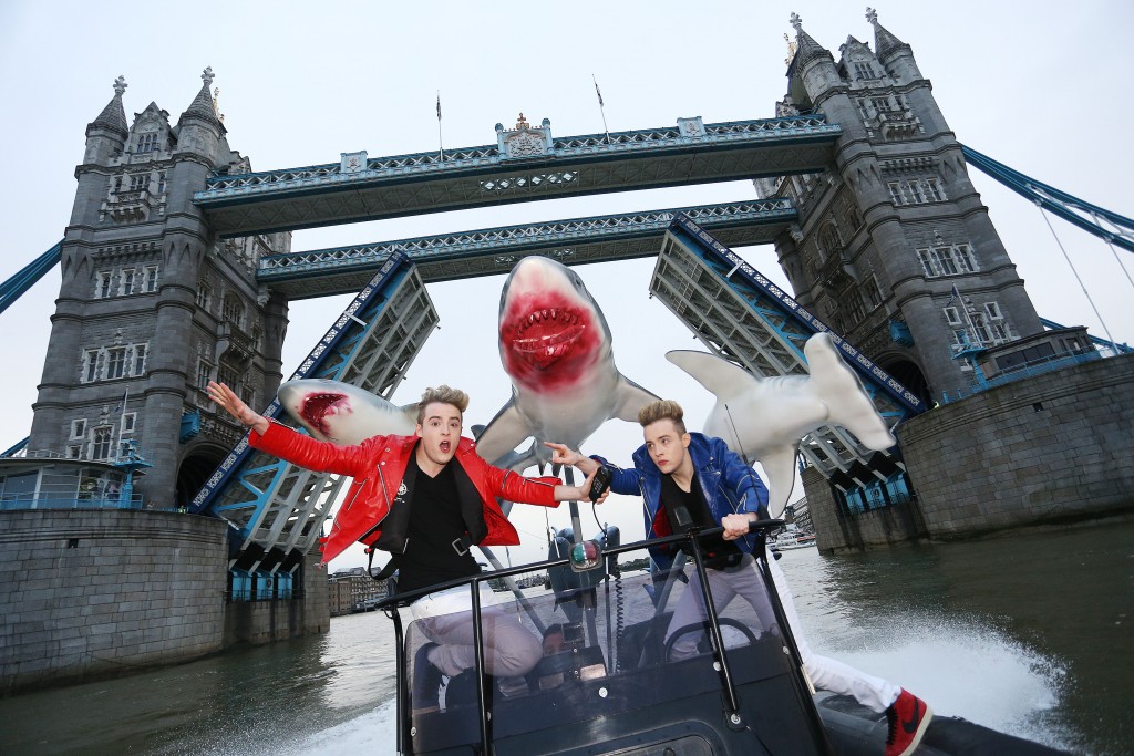 Jedward attempt to escape a terrifying Sharknado, River Thames, London, UK, 20th July 2015