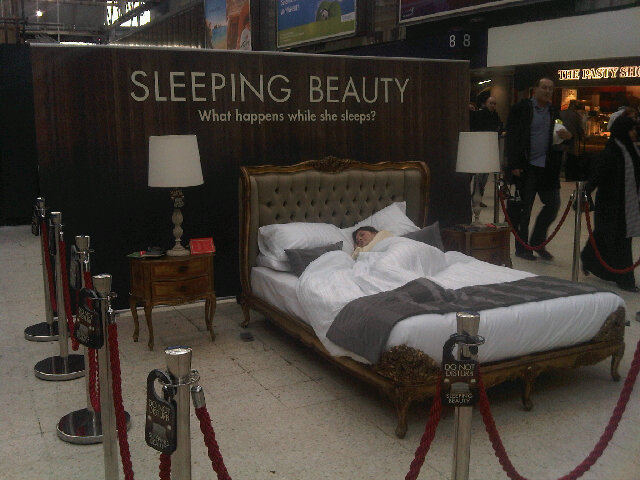 Movie stunt Sleeping Beauty Waterloo Station